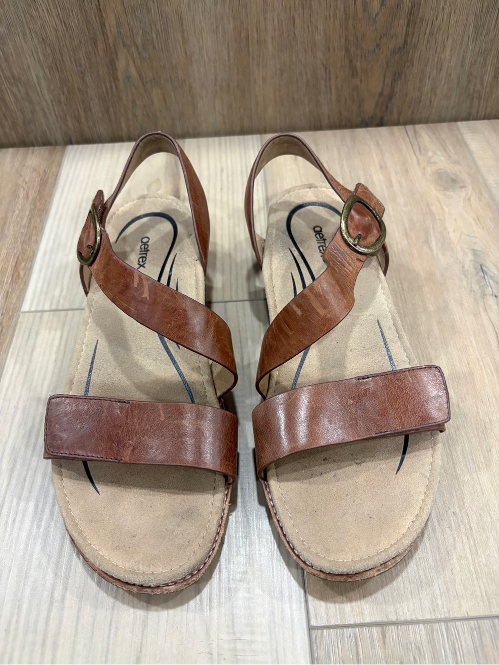 Aetrex Tamara Asymmetrical Walnut Quarter Strap Leather Slingback Sandals 8.5